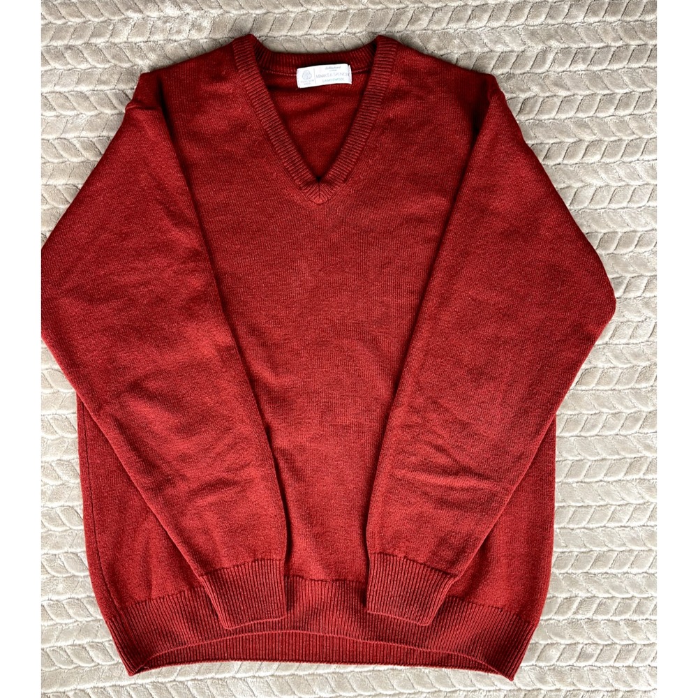 Marks & Spencer V-Neck Sweater Mens Small Dark Berry Red Lambswool UK Made